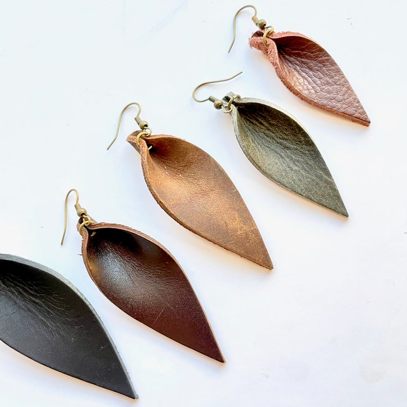 Leather Leaf Shaped Earrings: Leather Leaf Earrings // Your Choice of Signature Leather Color image 1