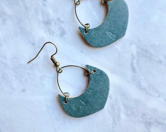 Dusty Teal Cork  Leather Crescent Hoop Earrings // Leather Earrings // Crescent Shaped Earrings // Leafy Treetop Leather