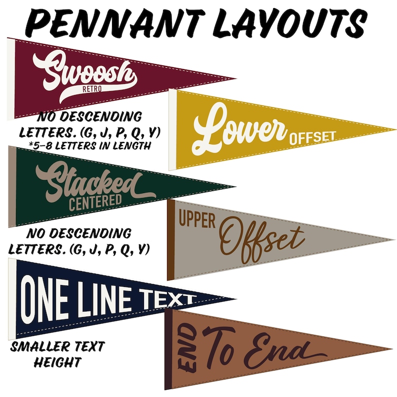 May include: A graphic showcasing pennant layouts with text. The pennants are in various colors, including burgundy, gold, dark green, gray, and brown. Each pennant displays different text styles such as "Swoosh," "Lower Offset," "Stacked," "Upper Offset," "One Line Text," and "End To End."