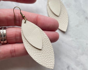 Cream Colored Leather Stacked Double Leaf Earrings