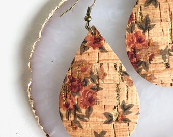 Autumn Floral Cork Leather Teardrop Earrings