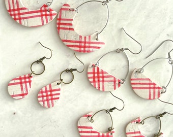 Red and White Peppermint Plaid Cork Leather Earrings In Your Choice of style