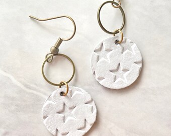 White Star Embossed Leather Small Circle Drop Earrings