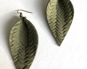 March Earring Of The Month |   Camo Green Braided  Leather Leaf Earrings  |  Dark Olive Green Leaf Earrings, Leafy Treetop Leather