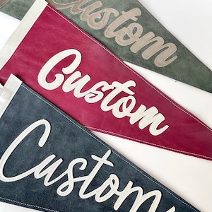 Small Single Word Custom Suede and Leather Pennant Flag Banner | Personalized Leather Sign Banner