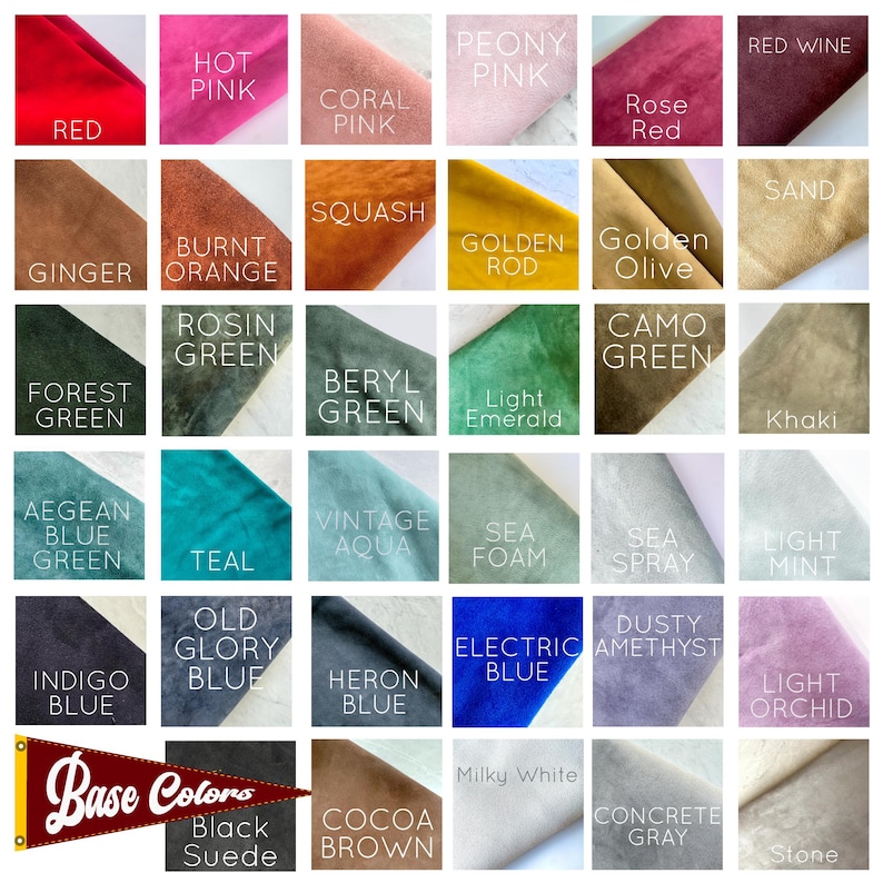 May include: A color chart featuring fabric swatches in various shades. Colors include red, pink, orange, green, blue, and neutral tones. Each swatch is labeled with its corresponding color name, such as "Red," "Teal," and "Electric Blue."