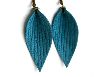 Peacock Blue Leather Leaf Earrings: Leather Leaf Earrings / Leafy Treetop Leather Shop