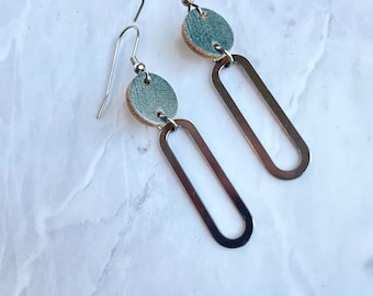 Dusty Teal Cork Leather and Stainless Steel Oval Drop Dangle Earrings