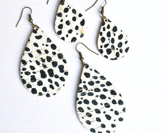 Black and White Spot Leather Teardrop Earrings // Mini Teardrop or Large Teardrop Earring