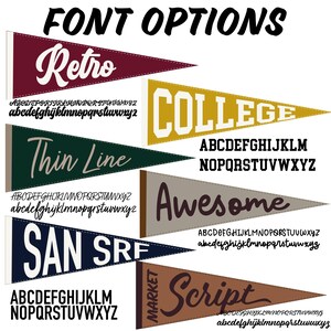May include: Image showcasing various pennant designs with different font options. The pennants feature words like "Retro," "College," and "Awesome," each in a unique font style. The image also displays the alphabet in each font.