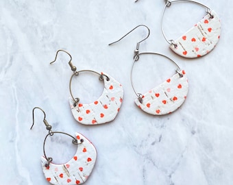 Tiny Heart Cork and Leather Crescent Hoop Earrings