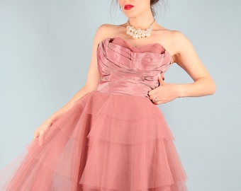 1950s Vintage Prom Dress // Dusty Rose Taffeta and Netting Ball Gown // Fred Perlberg // Two Tone Authentic 1950s Dance Gown // Size XS