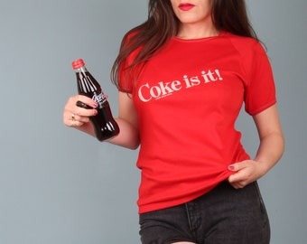 80s Vintage T Shirt // Authentic Coke Is It Campaign Promo Tee // Felt Screen Print Vintage T Shirt // Coca Cola Red Raglan T Shirt // XS