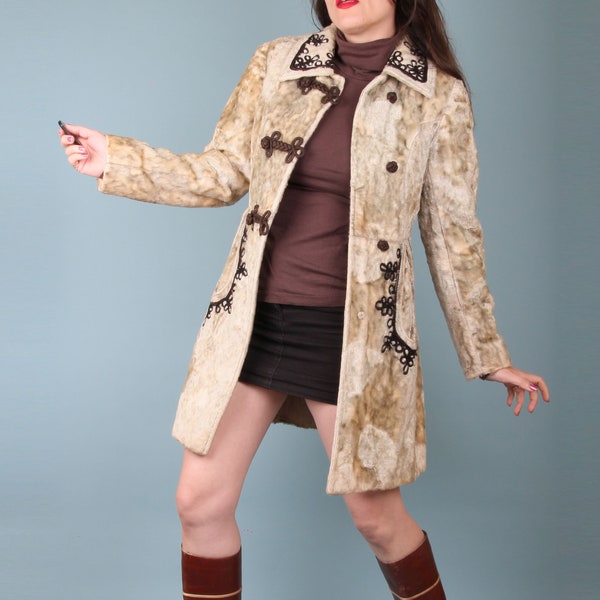 60s Vintage Coat // Faux Fur Shaggy Coat // 60s Groupie Coat // Cream Olive Mottled Winter Jacket Coat // Made in USA // XS