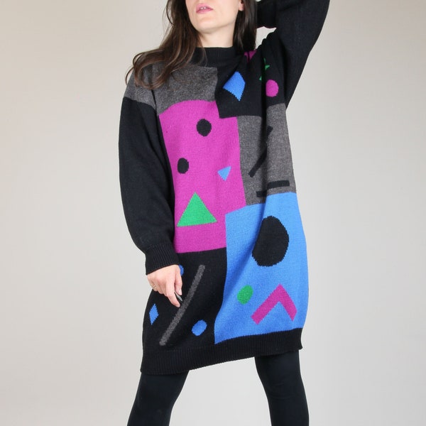 80s Vintage Knit // Abstract Geometric Patterned Jumper // New Wave Sweater Dress // Quirky Longline Jumper // S M L XL