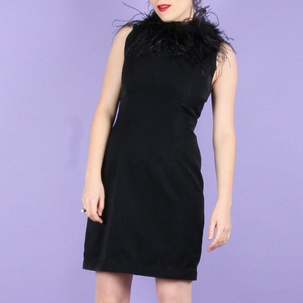 90s Does 60s Black Cocktail Feather Dress