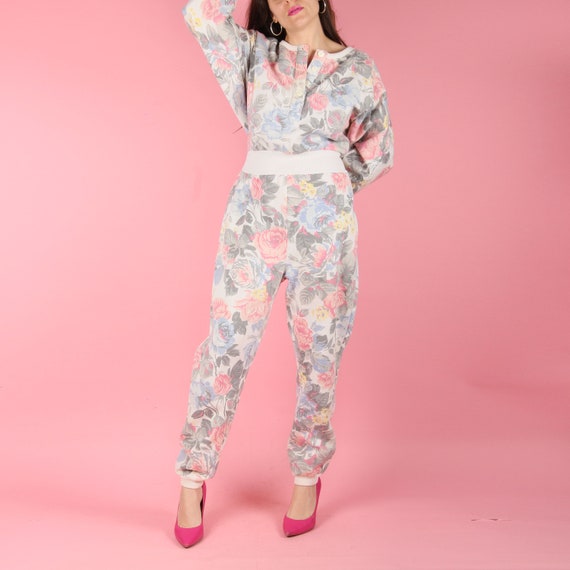 80s Vintage Jumpsuit // Floral Playsuit // Long Sl