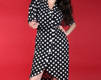 80s Vintage Dress // Vintage Polka Dot Dress // Cotton Blend Black and White Dress // 80s Does 50s Pencil Dress // XS