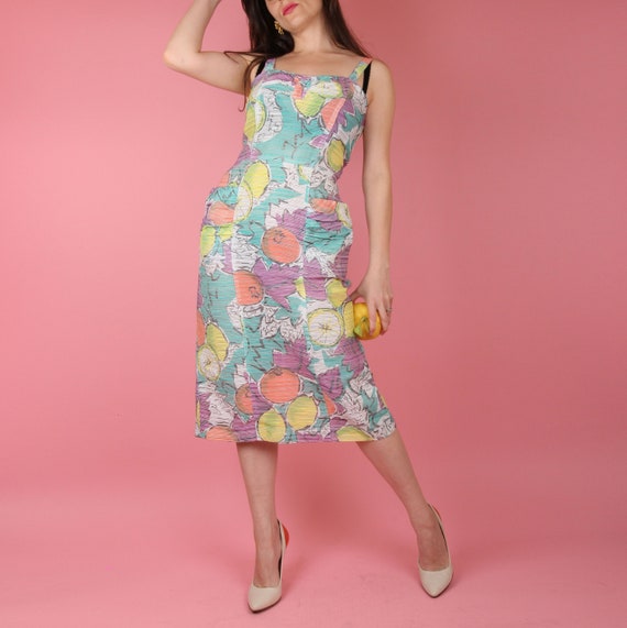 80s Vintage Dress // Fruit Salad Print // Pomegranate Lemons Waisted Fitted Pencil Dress // Vintage Dress Made In Italy // Summer Dress / XS