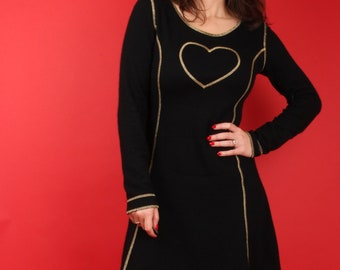 90s Vintage Moschino Jeans Dress // Iconic Gold Love Heart Seams Dress // Angora Blend 90s Mini Dress // S