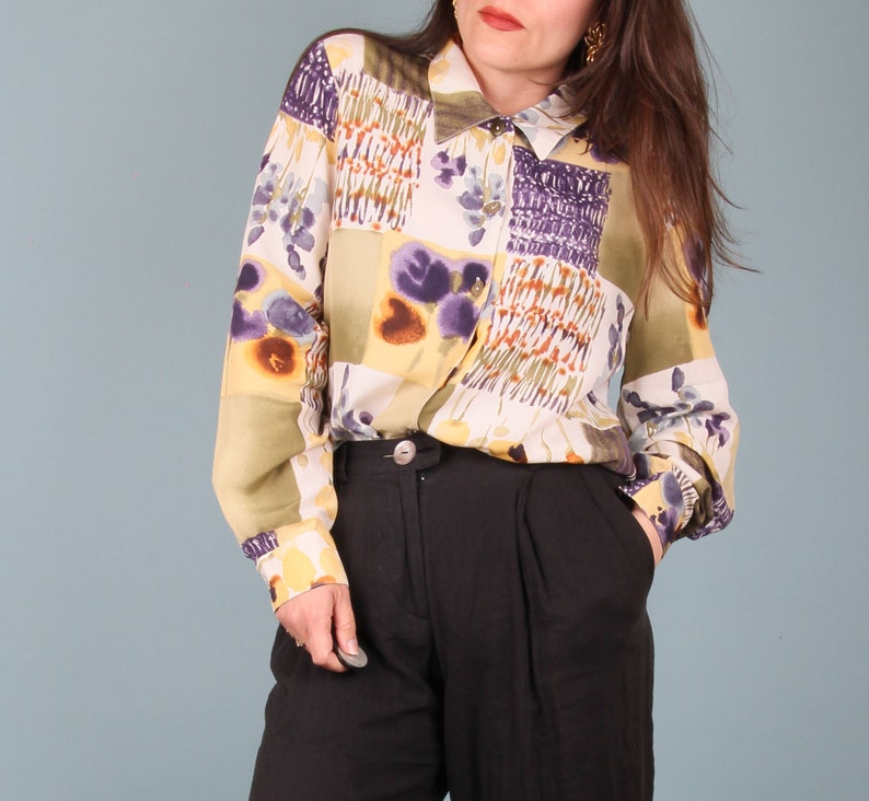 2000s Vintage Shirt // Native Flora Watercolour Blouse // Light and Breezy Spring Shirt // M image 1