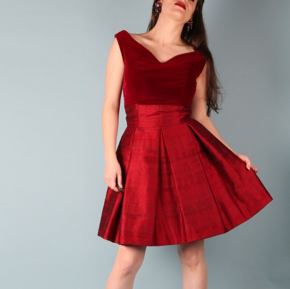 80s 90s Vintage Ruby Red Dress // Velvet Pleated … - image 1