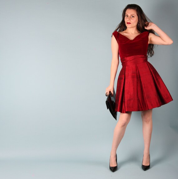 80s 90s Vintage Ruby Red Dress // Velvet Pleated … - image 7