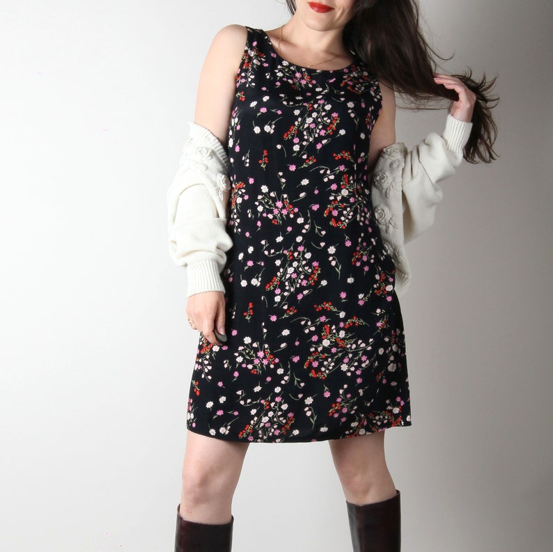 90s Vintage Dress 90s Floral Dress Black Vintage Dress Summer Dress Shift Dress Size Small S