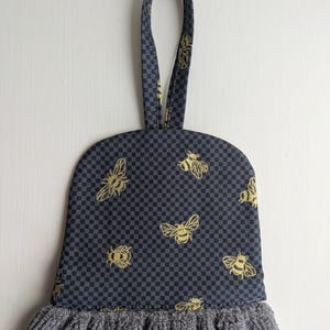 Hanging Hand Towel, Handmade, Dark Grey Towel, Gold Bees Cotton  Fabric Top