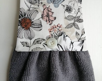 Hanging Hand Towel, Handmade, Dark Grey Towel, with Butterfly and Flower Cotton Top