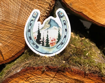 Vinyl Horseshoe watercolor decal, tough all weather sticker, skyline, haystack, tree line, pacific northwest art, Big Sky State Art