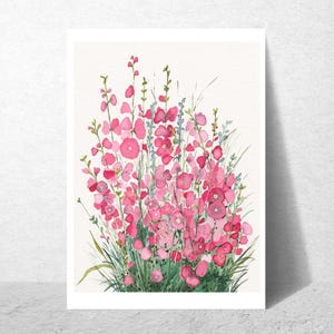 Pink Hollyhock Watercolor Print | Cottage Garden Floral Wall Art | Botanical Summer Bloom Illustration | Wildflower Art Print