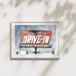Blue Fox Drive-In theater, watercolor print Oak Harbor Washington - Whidbey