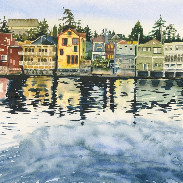 Watercolor of Front Street Coupeville archival paper print, Washington on Whidbey Island, Pacific Northwest wall art