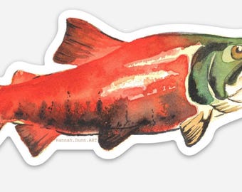Pegatina de salmón rojo, pintada a mano