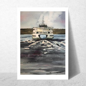 Washington State Ferry Watercolor Print | Pacific Northwest Coastal Art | Whidbey Island Nautical Wall Decor | Puget Sound Marine Art | Unfr