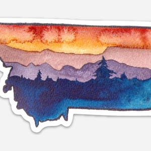 Vinyl Montana watercolor decal, small, die cut, sticker, skyline, sunset, tree line, pacific northwest art, Big Sky State Art