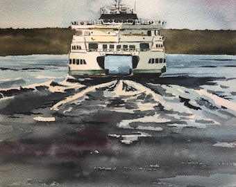 Ferry Boat watercolor print, Washington State Ferry, PNW Art, watercolor print, Seattle Washington