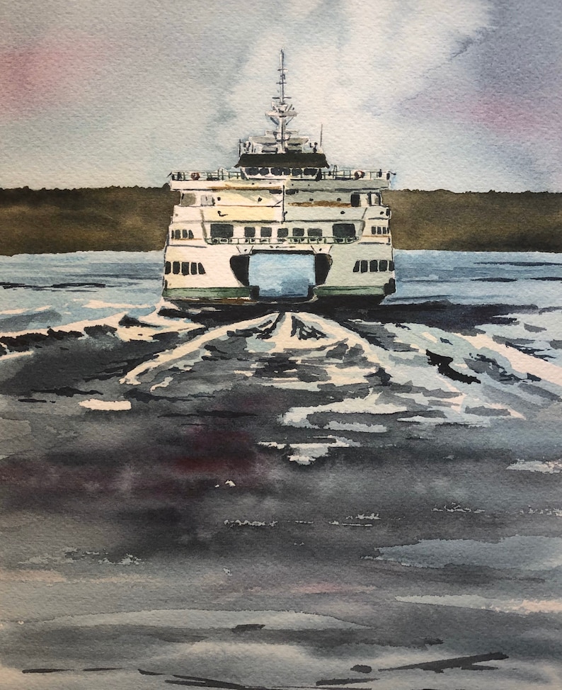 Washington State Ferry Watercolor Print | Pacific Northwest Art - Etsy