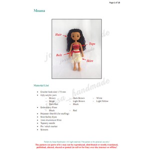 May include: A crochet doll of Moana from the Disney movie Moana. The doll is wearing a red top, a brown belt, a white skirt, and has brown hair. The doll is standing on a white background. The image includes the text "Moana" and "Material List".