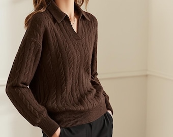 Handgestrickter reiner Kaschmir-Kragenpullover für Damen - Einheitsgröße