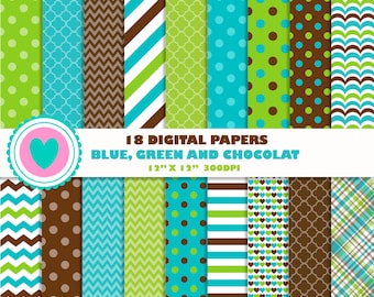 18 DIGITAL PAPERS blue, green chocolat, birthday