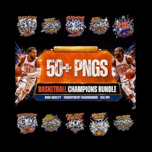 Peut inclure: Un ensemble graphique numérique présentant des images de basket-ball avec deux joueurs en uniformes blanc et orange, le texte 50+ PNGS BASKETBALL CHAMPIONS BUNDLE, et diverses illustrations sur le thème du basket avec des phrases motivantes.
