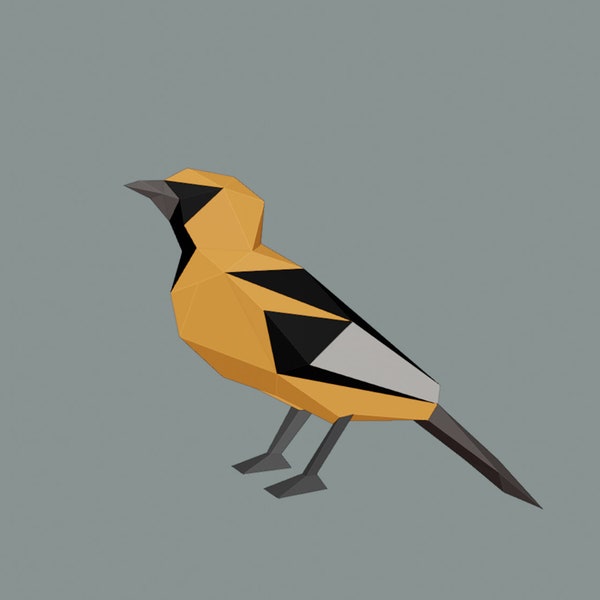 Oriole à ailes blanches. (Icterus graceannae) Géométrique, Pochoir, DIY, Papercraft, PDF, Motif, Décor, 3D, Design, Minimal, Facetté, Jouet.