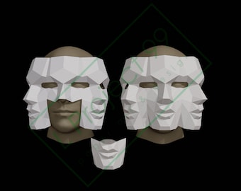 Máscara com três faces. Geométrico, Estêncil, DIY, Papercraft, PDF, Padrão, Mínimo, Facetado, Fantasia, Halloween, Terror, Teatro