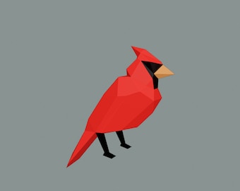 Vermilion Cardinal Bird. Geometric ,Template, DIY, Papercraft, PDF, Pattern, Decoration, 3D, Design, Minimalist, Faceted, Toy.