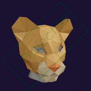 Löwenjunge-Maske. Geometrisch, Schablone, DIY, Papierkunst, 3D, Design, Minimal, Facettiert, Cosplay, Kostüme, Halloween, Horror, Theater.