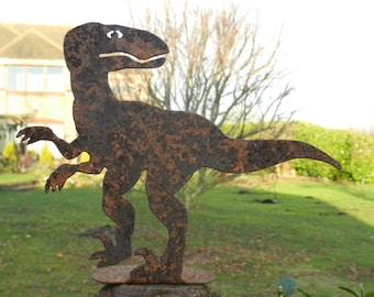 Rusty Metal Raptor Dinosaur Fence Post Topper / T-Rex Dinosaur Metal Garden Decor / Jurassic Park Gift / Dino Garden Gift