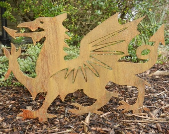 Rusty Metal Welsh Dragon / Welsh Dragon Garden Art / Welsh gift / St Davids Day Gift / Metal Garden Sculpture / Rusty Metal Dragon Sculpture