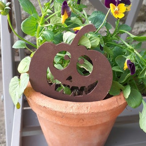 May include: A brown metal pumpkin cutout with a smiling face is placed in a terracotta pot filled with green plants and purple and yellow flowers.